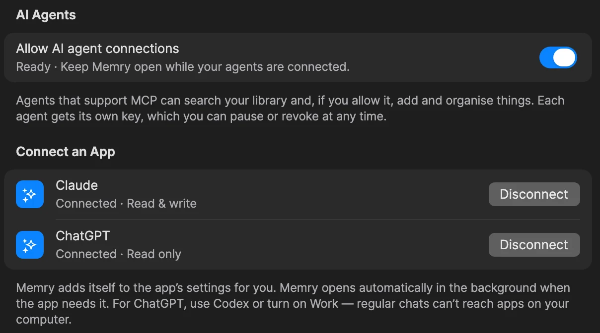 Memry's AI Agents settings in dark mode: agent connections allowed, with Claude connected with read and write access and ChatGPT connected read-only.