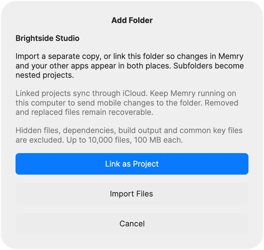The Add Folder dialog for a Brightside Studio folder, offering Link as Project, Import Files or Cancel.