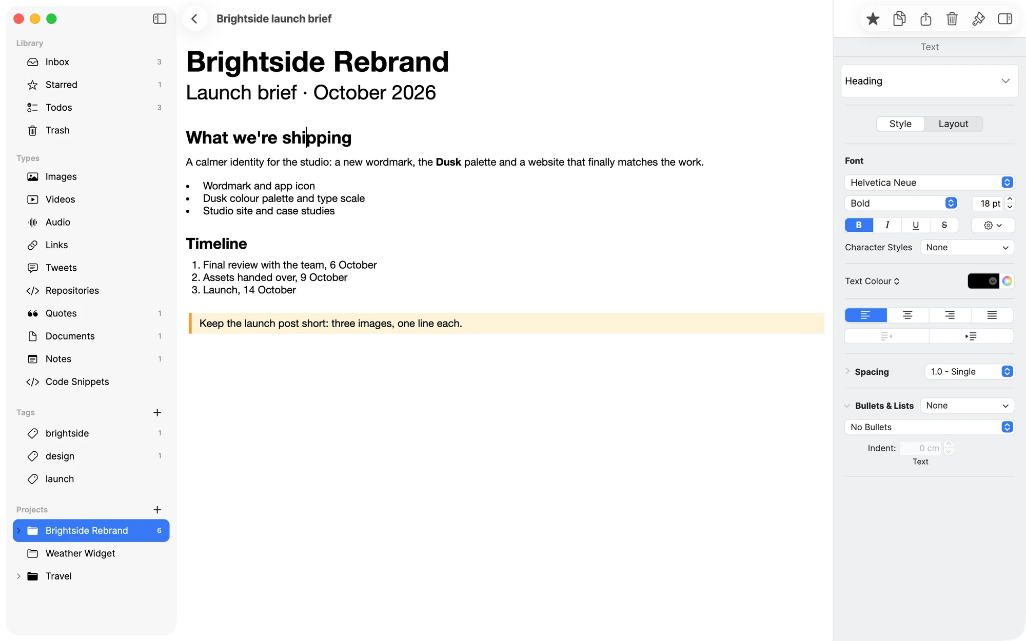 A launch brief open in Memry with a title, headings, bulleted and numbered lists and a highlighted note, and the Format panel showing the Heading style in Helvetica Neue Bold, 18 pt.